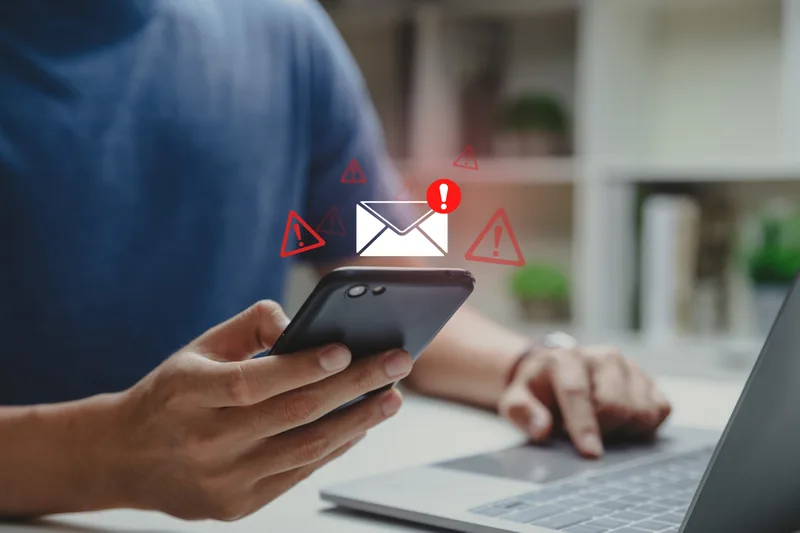 persona con in mano uno smartphone e icone di alert