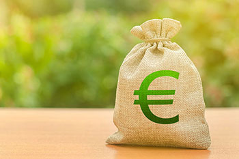 sacco di iuta con indicato il simbolo dell'euro in verde, su sfondo verde sfocato
