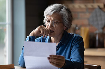 Signora seduta al tavolo della cucina legge una lettera con aria preoccupata.